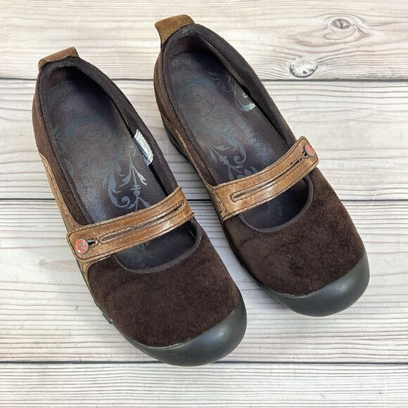 Merrell Plaza Bandeau Shoe Womens 6 Espresso Brown Suede Mary Jane Slip On Wedge - Picture 6 of 14